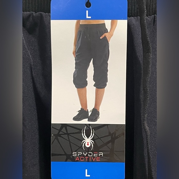SPYDER WOMEN’s Active Capri Lightweight Pants Drawstring Pockets Size L Black - Picture 10 of 14